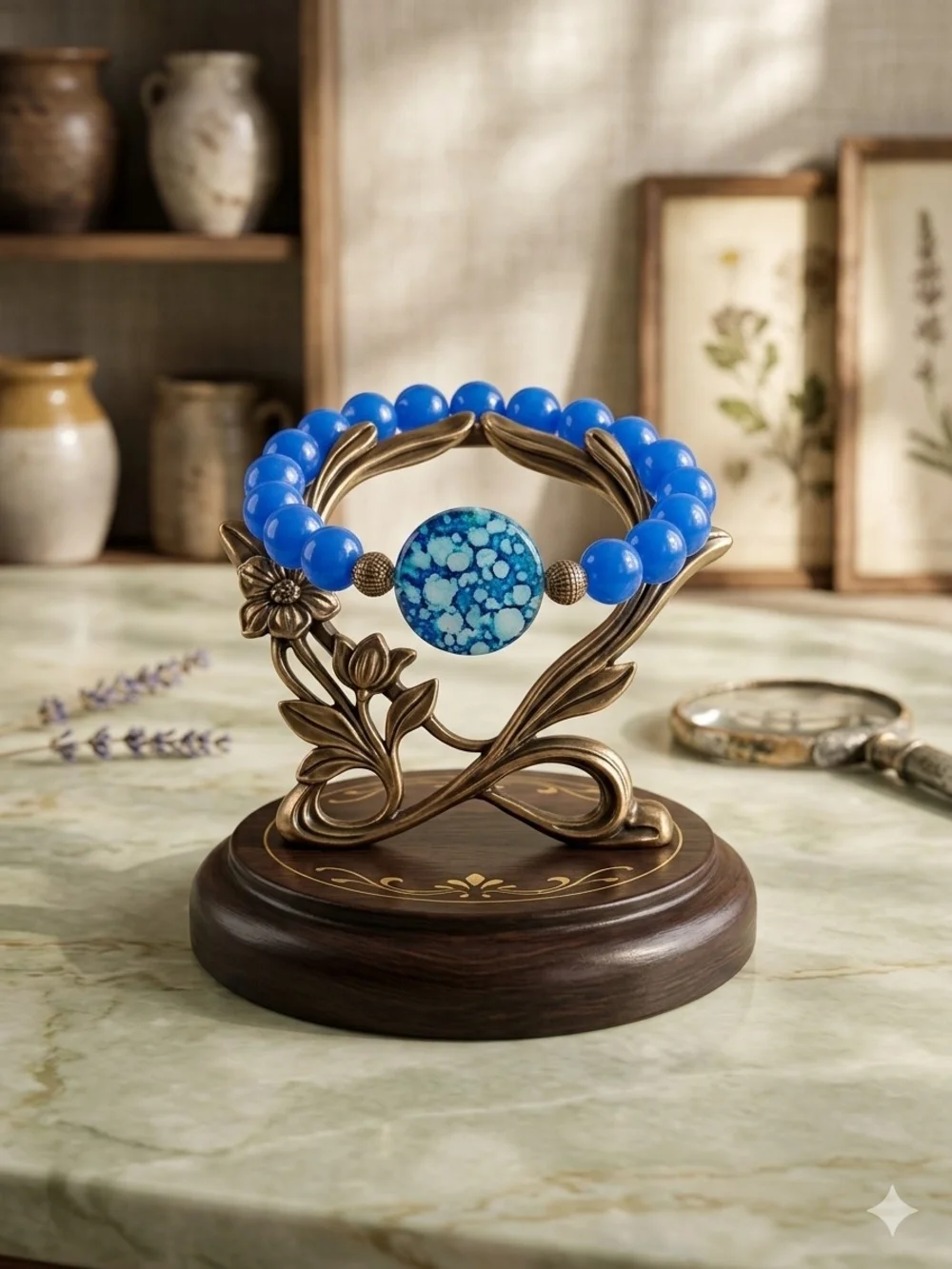 Blue Beaded Statement Bracelet with Turquoise Accent -